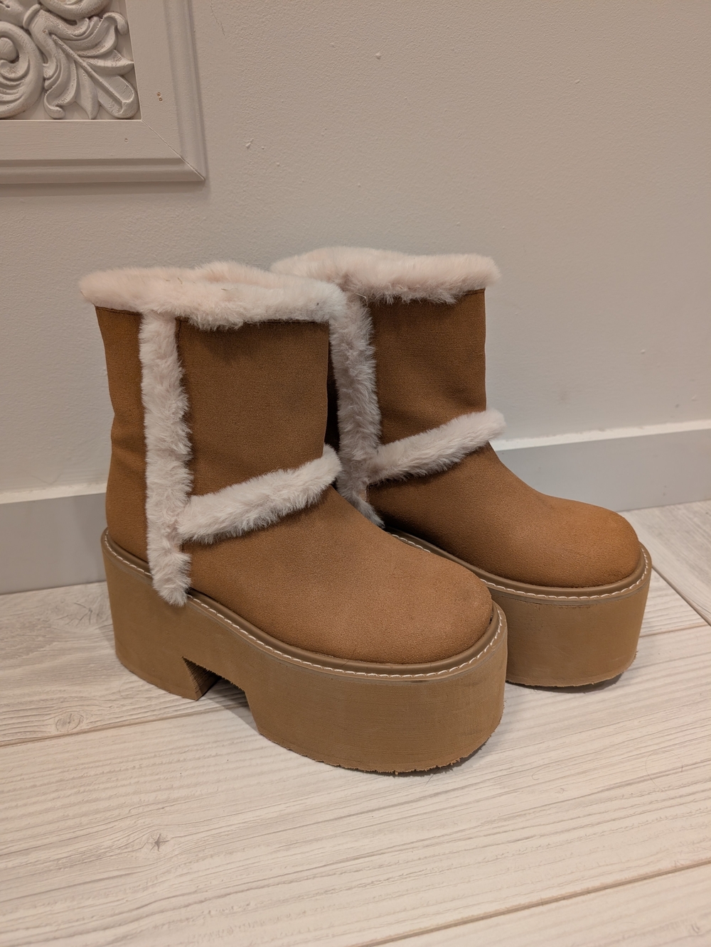Nasty Gal Chestnut Brown Faux Shearling Platform Booties